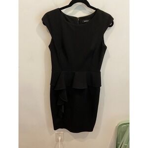 DKNY Black Peplum Sheath Dress Cap Sleeve Ruffle Detail Size 6